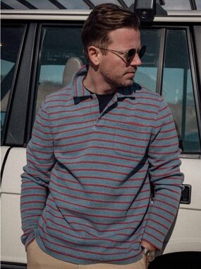 Quaker marine supply Long Sleeve Indigo Polo in Red/Navy Ribbed Knit top